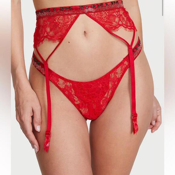 Victoria's Secret Cherry Red Shine Strap Lace Garter Belt and Thong - Picture 1 of 8
